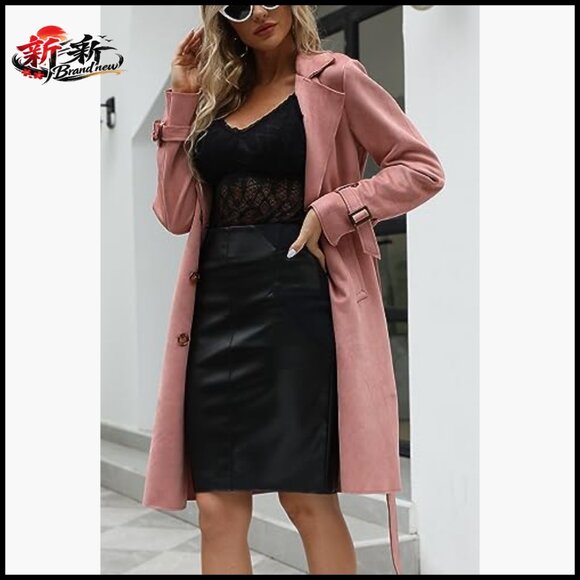 Faux Suede Trench Coat Windbreaker Long Sleeve Regular Fit - Picture 3 of 7